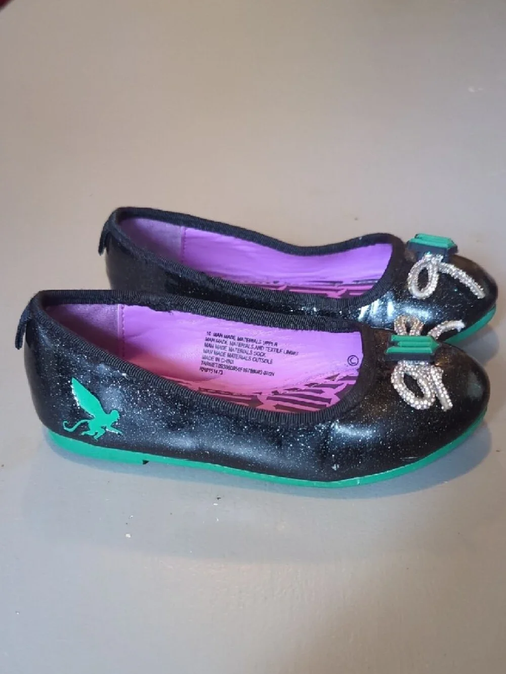 Wicked Ballet Flats Black Glitter Bows size 10
